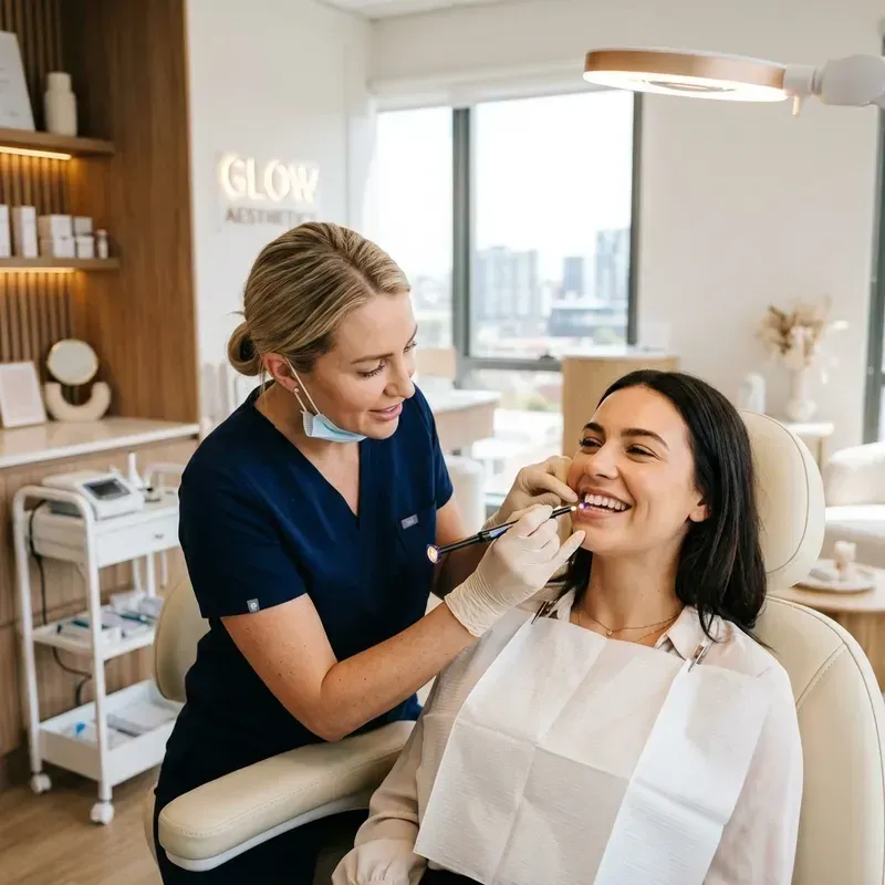 Cosmetologist applying tooth gem crystal to patient in Viman Nagar