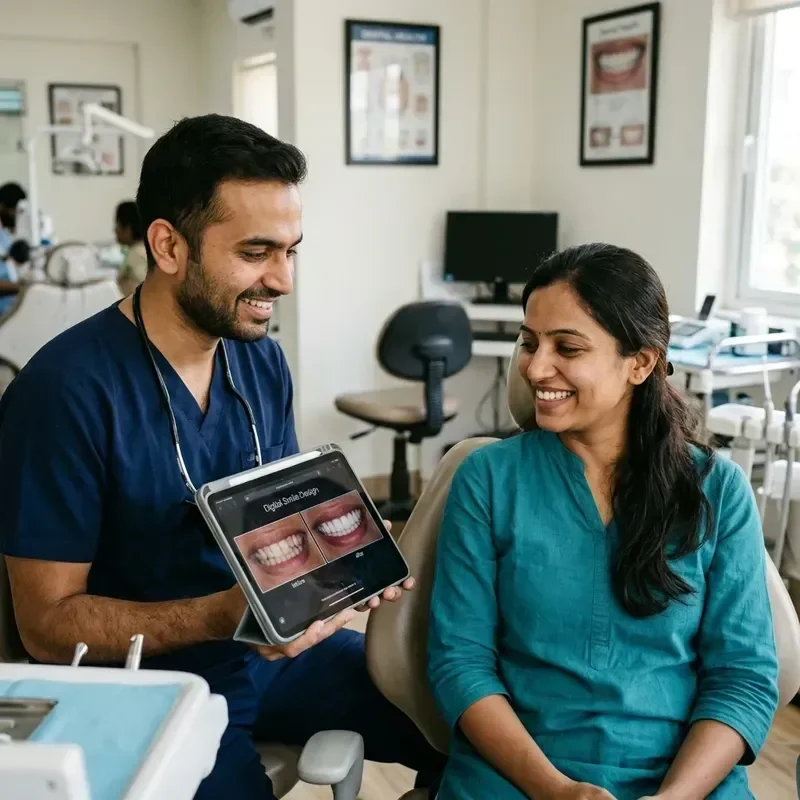Cosmetic dentist examining shade and shape for dental veneers in Viman Nagar Pune