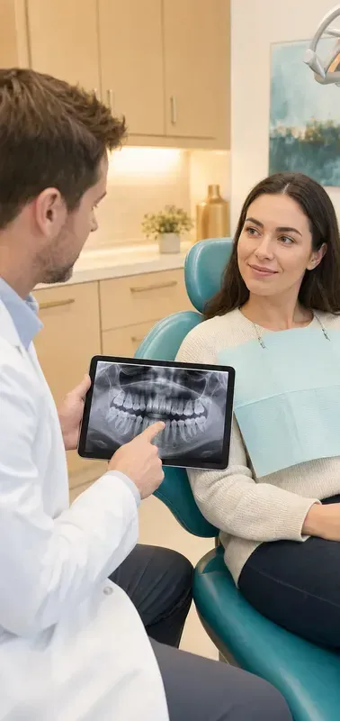 Dentist showing wisdom tooth X-ray to a patient in Viman Nagar clinic